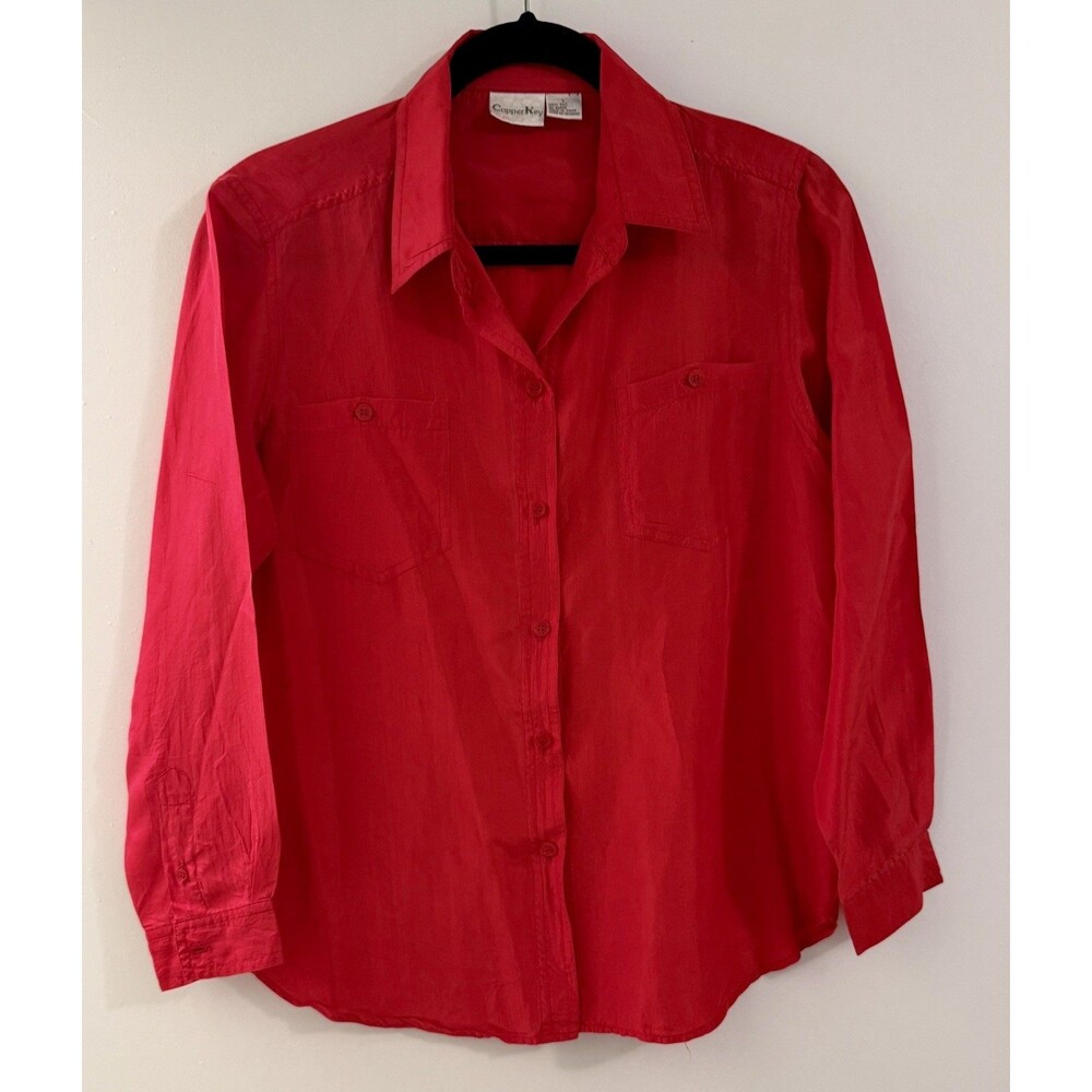 Vintage Copper Key Shirt Red Large 100% SIlk Blouse Top Button Up  Long Sleeved